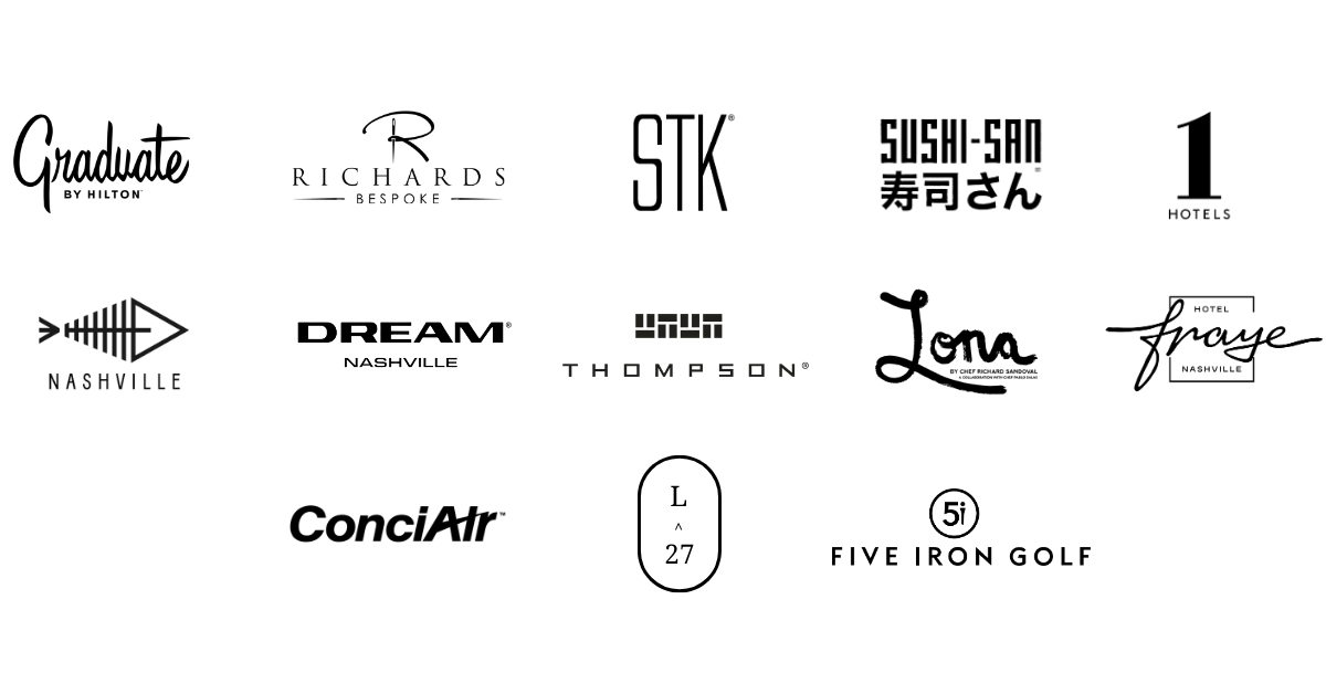 Client logos including Graduate, Richards Bespoke, STK, Sushi-San, 1 Hotels, Dream Nashville, Thompson, Lona, Hotel Fraye, ConciAir, L27 and Five Iron Golf