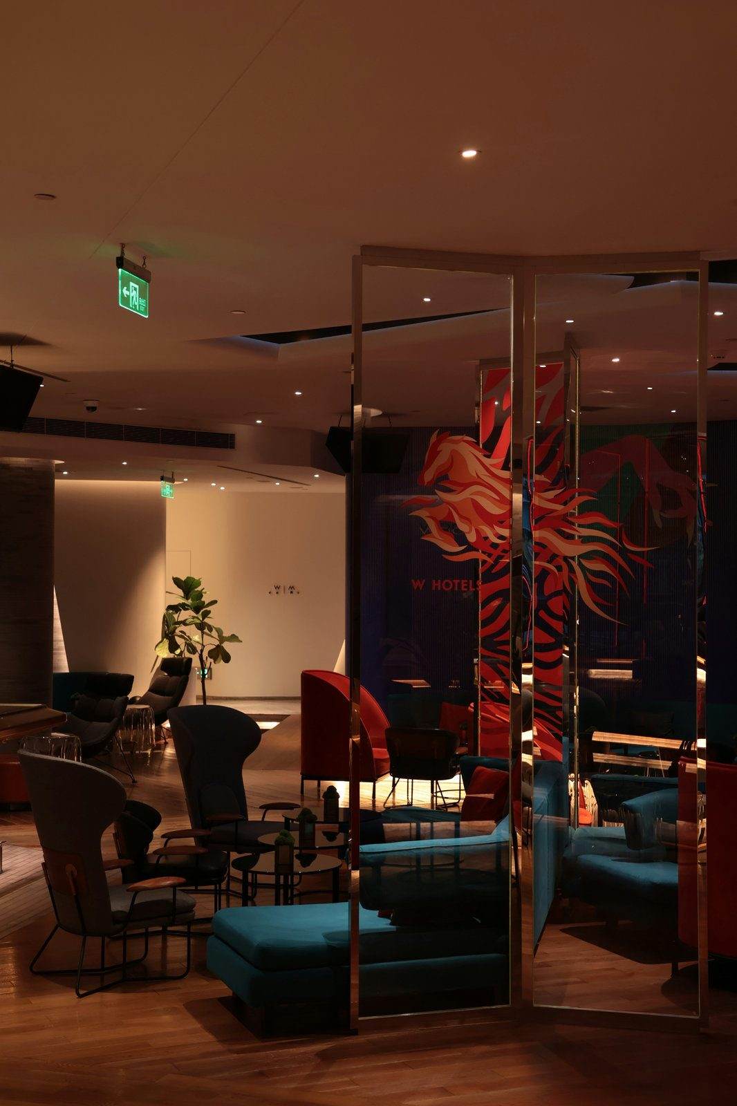 Moody bar with teal seating