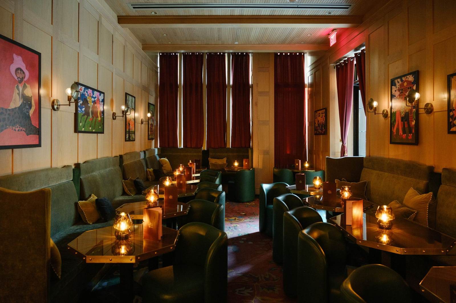 Candlelit bar with red curtains